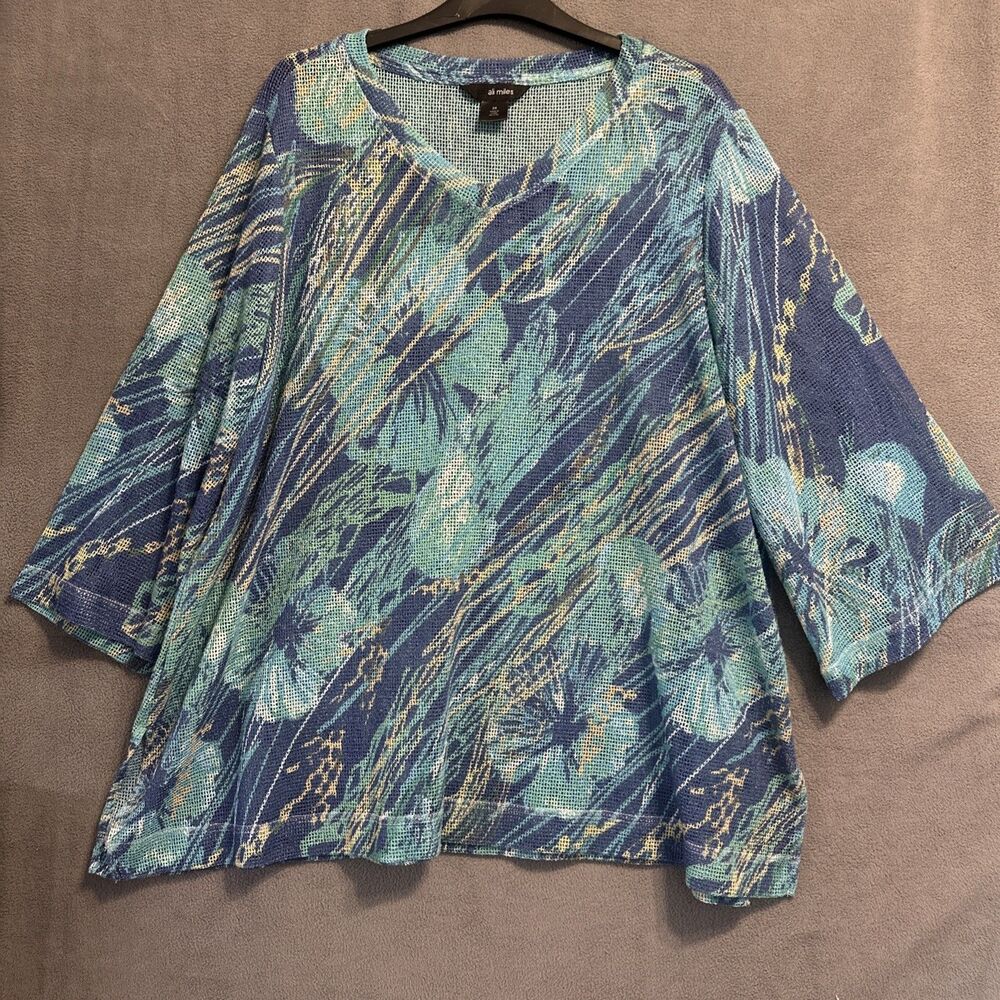 Ali Miles Mesh Sheer Tunic Top Plus Size 2X Blue Tropical Artsy Vacation Resort